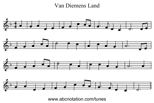 Van Diemens Land - staff notation
