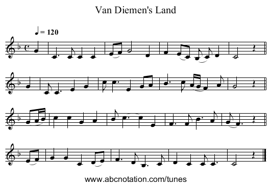 Van Diemen's Land - staff notation