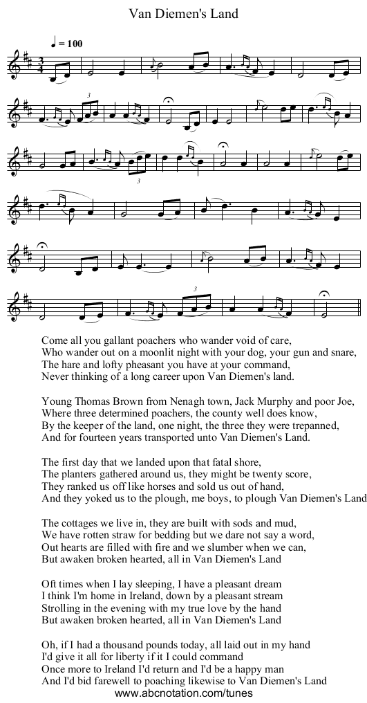 Van Diemen's Land - staff notation