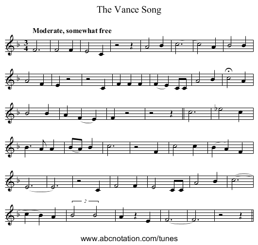 Vance Song, The - staff notation