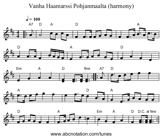 Vanha Haamarssi Pohjanmaalta (harmony) - staff notation