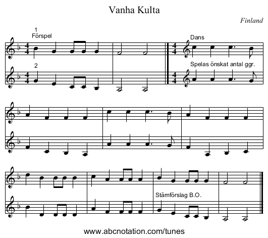 Vanha Kulta - staff notation