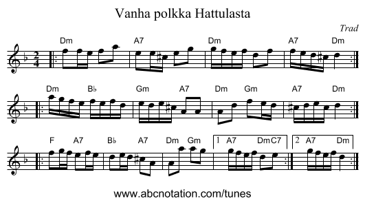 Vanha polkka Hattulasta - staff notation