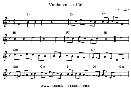 Vanha valssi 156 - staff notation