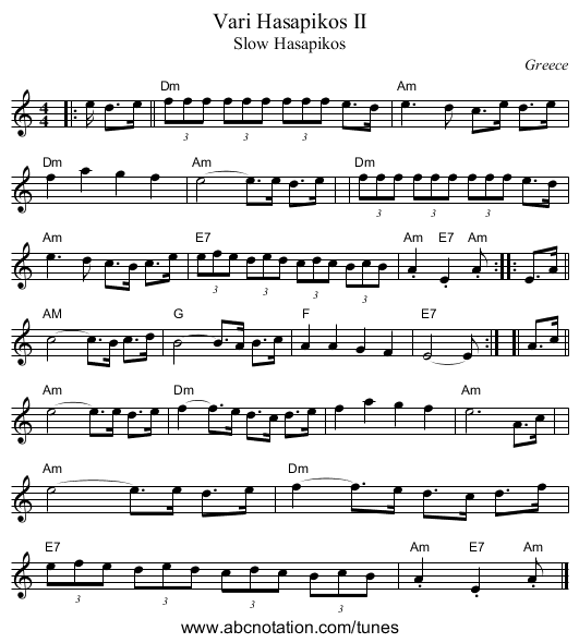 Vari Hasapikos II - staff notation