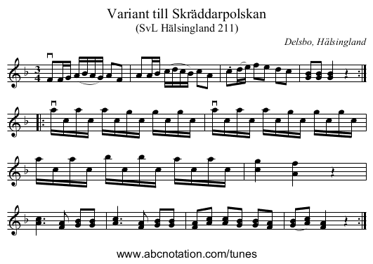 Variant till Skräddarpolskan - staff notation
