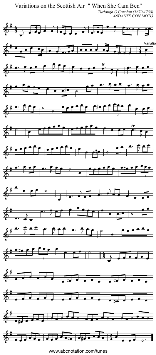 Variations on the Scottish Air   When She Cam Ben - staff notation