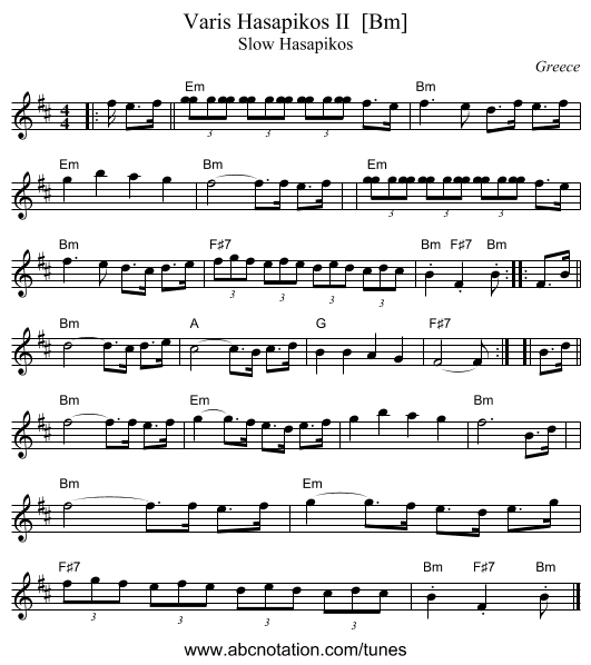 Varis Hasapikos II  [Bm] - staff notation