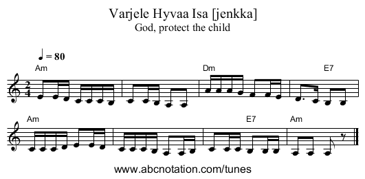 Varjele Hyvaa Isa [jenkka] - staff notation