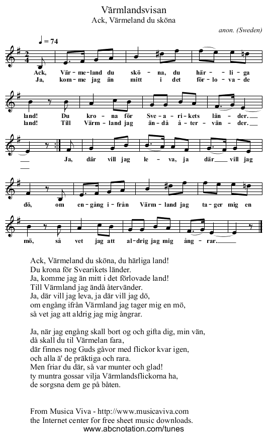 Värmlandsvisan - staff notation