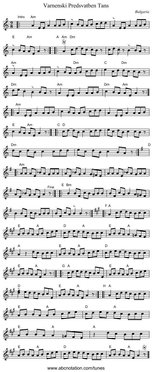 Varnenski Predsvatben Tans - staff notation