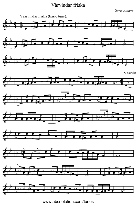 Vårvindar friska - staff notation