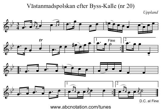 Västanmadspolskan efter Byss-Kalle (nr 20) - staff notation