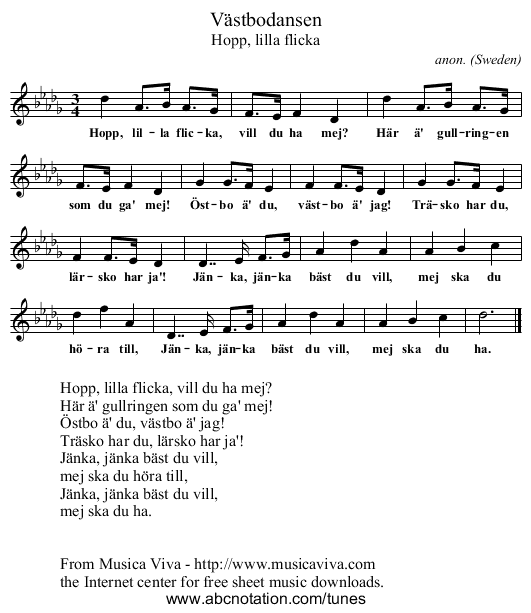 V&auml;stbodansen - staff notation