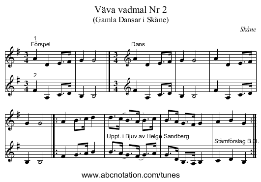 Väva vadmal Nr 2 - staff notation