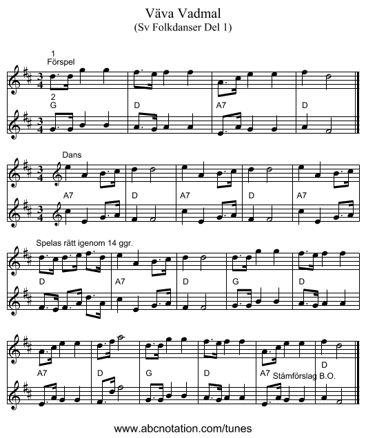 Väva Vadmal - staff notation