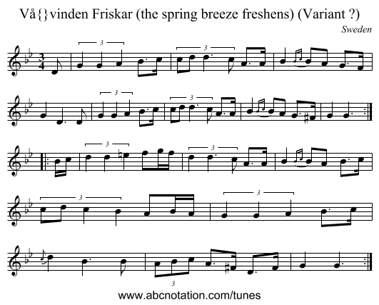 V&aring;vinden Friskar (the spring breeze freshens) (Variant ?) - staff notation