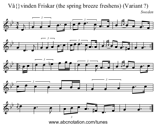 Våvinden Friskar (the spring breeze freshens) (Variant ?) - staff notation