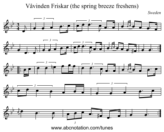 Våvinden Friskar (the spring breeze freshens) - staff notation