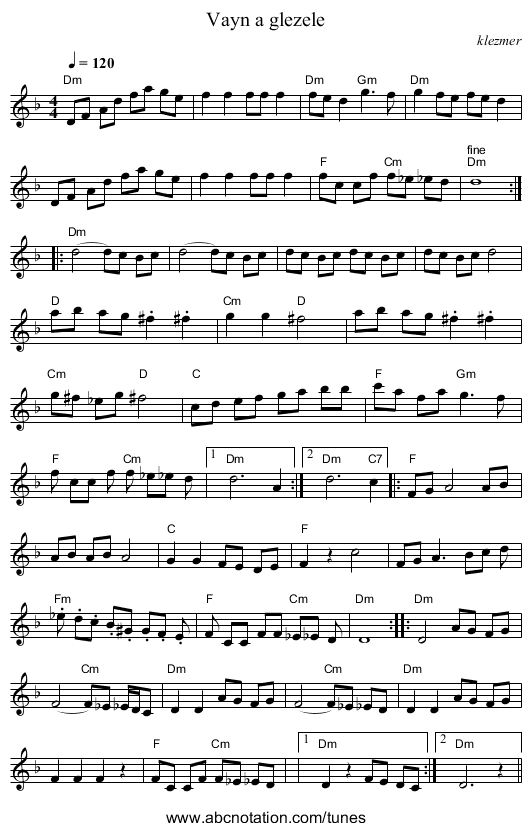 Vayn a glezele - staff notation
