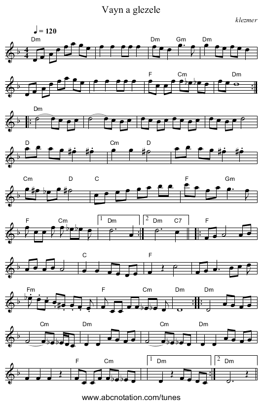 Vayn a glezele - staff notation