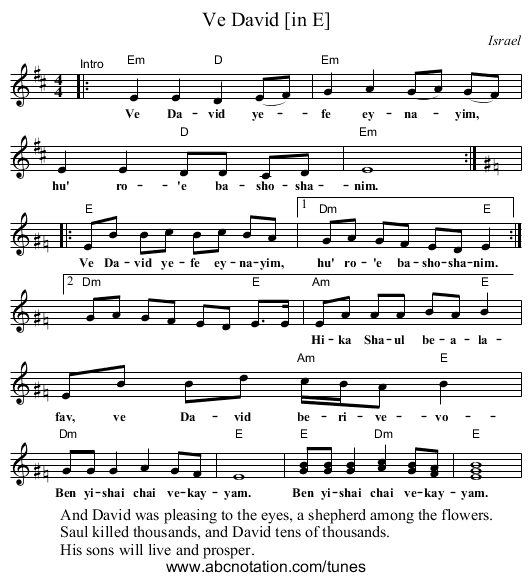 Ve David [in E] - staff notation