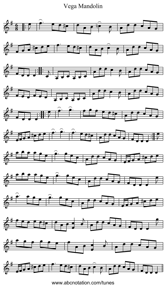 Vega Mandolin - staff notation