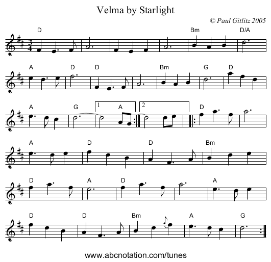 Velma by Starlight - staff notation