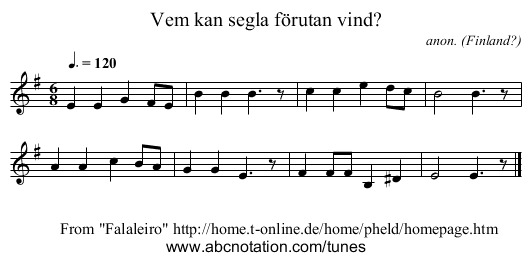 Vem kan segla förutan vind? - staff notation