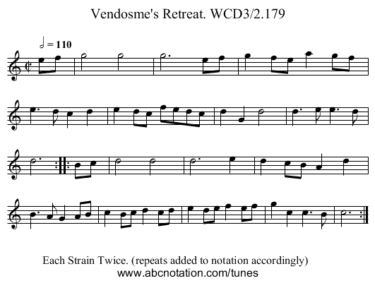 Vendosme's Retreat. WCD3/2.179 - staff notation