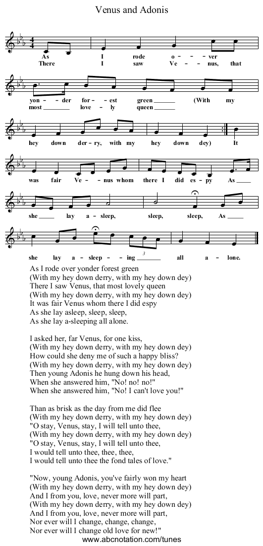 Venus and Adonis - staff notation