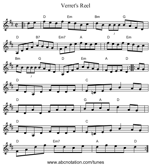 Verret's Reel - staff notation