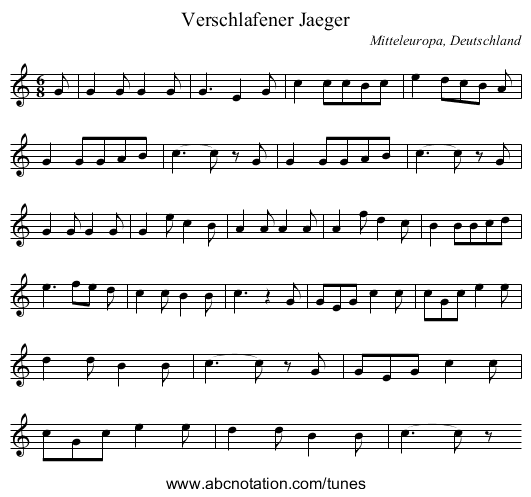 Verschlafener Jaeger - staff notation