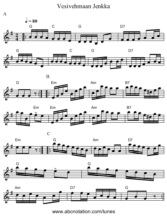 Vesivehmaan Jenkka - staff notation