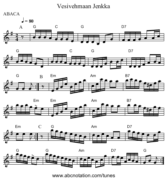 Vesivehmaan Jenkka - staff notation