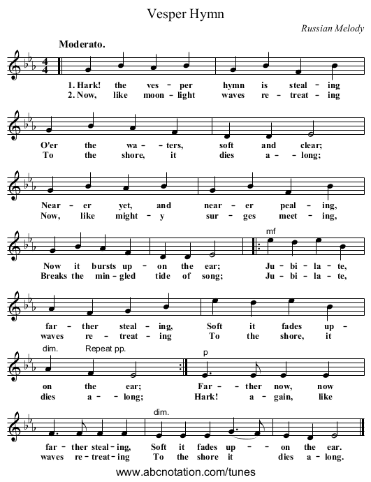 Vesper Hymn - staff notation