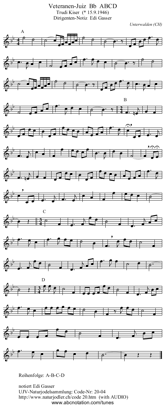 Veteranen-Juiz  Bb  ABCD - staff notation