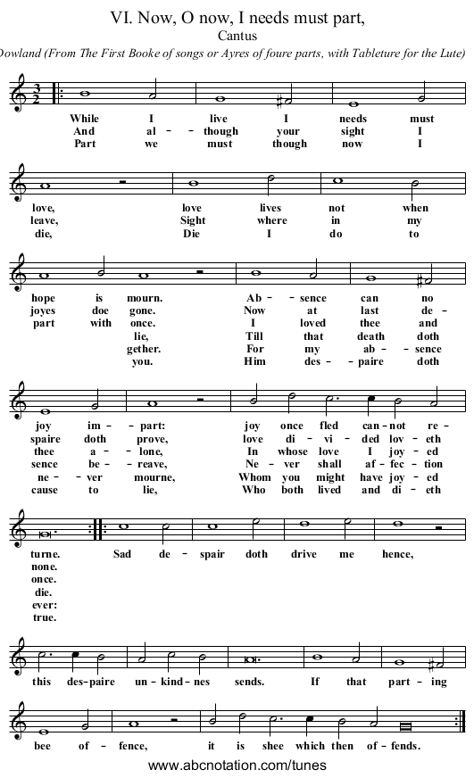 VI. Now, O now, I needs must part, - staff notation