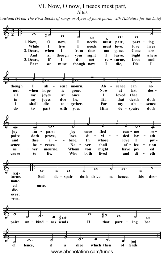 VI. Now, O now, I needs must part, - staff notation