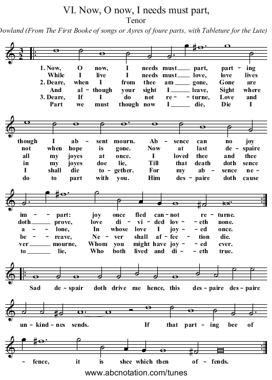 VI. Now, O now, I needs must part, - staff notation