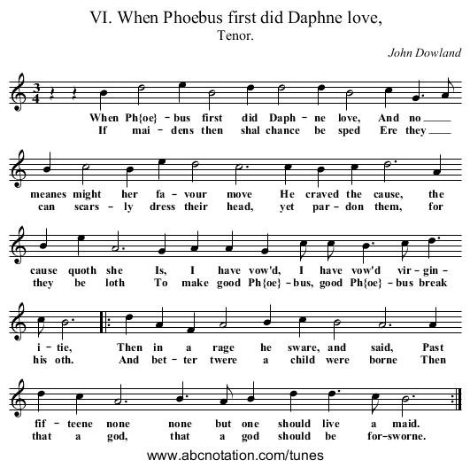 VI. When Phoebus first did Daphne love, - staff notation