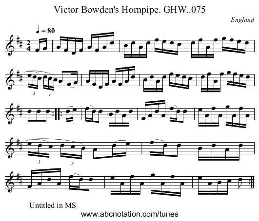 Victor Bowden's Hornpipe. GHW..075 - staff notation