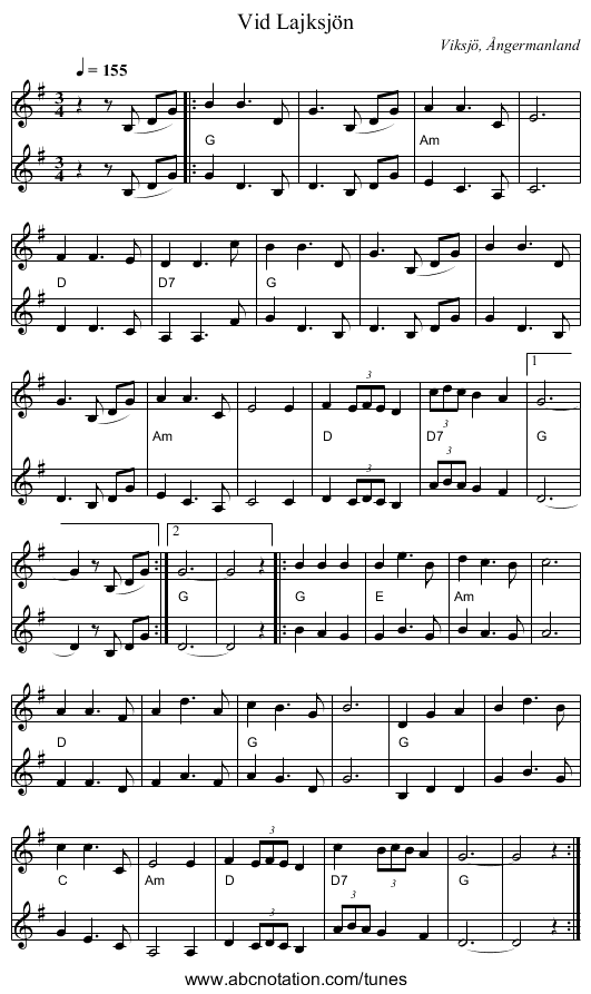 Vid Lajksjön - staff notation