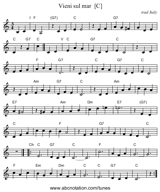 Vieni sul mar  [C] - staff notation