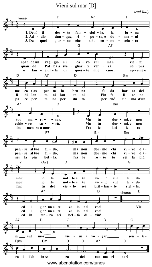 Vieni sul mar [D] - staff notation