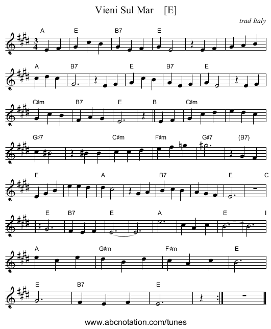 Vieni Sul Mar    [E] - staff notation