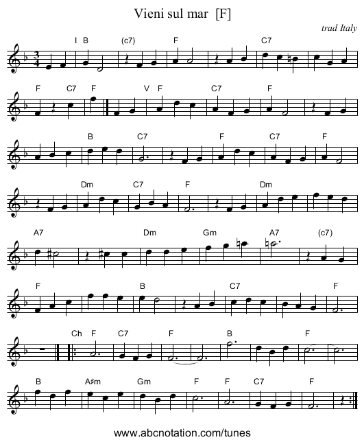 Vieni sul mar  [F] - staff notation