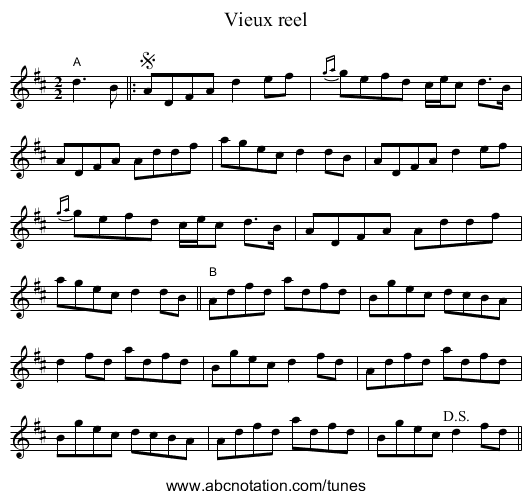 Vieux reel - staff notation