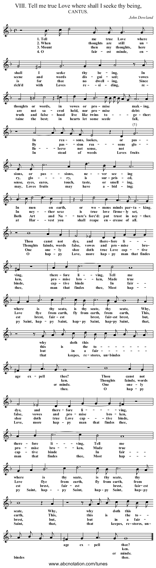 VIII. Tell me true Love where shall I seeke thy being, - staff notation