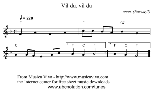 Vil du, vil du - staff notation
